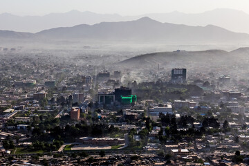Panoramic view of Kabul and the mountains. Capital of Afghanistan in a fog