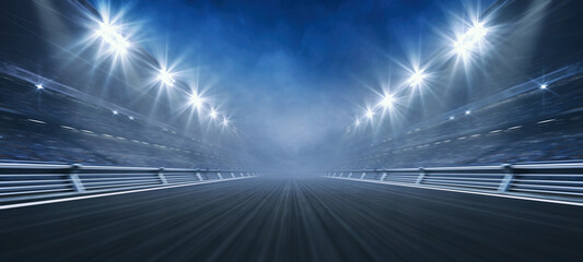 Empty racing track and floodlights illuminated sport stadium at night. Professional digital 3d illustration of racing sports. - obrazy, fototapety, plakaty