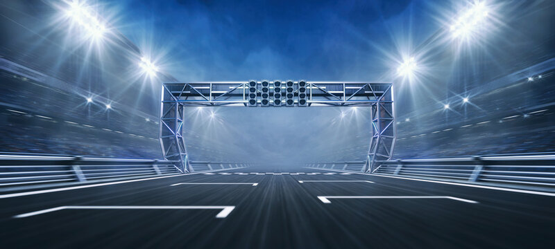 Empty pole position and racetrack finish line with steel gate and floodlights illuminated sport stadium at night. Professional digital 3d illustration of racing sports.