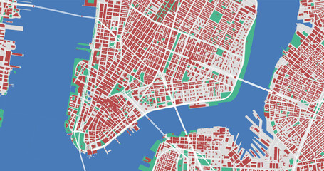 New York city center vector map. Detailed map of New York administrative area. Cityscape panorama. Road Map with buildings, water, forest.