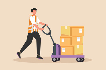 Man pushing packages with hand pallet. warehouse worker with hand forklift truck. Shipment and logistic concept. Colored flat vector illustration. 