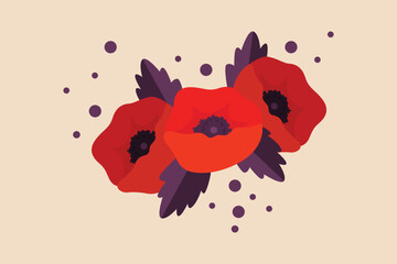 Three red poppy to make a symbol of a memorial day. Remembrance day concept. Flat vector illustrations isolated.  - obrazy, fototapety, plakaty