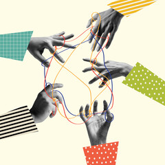 Human hands aesthetic on light background, artwork. Concept of human relation, community, symbolism, surrealism.