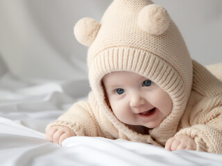 Just beautiful. Cute smiling baby. Cute 3 month old Baby girl infant on a bed on her belly with head up looking with her big eyes. Warm, fluffy biege clothes. Closeup. Three months old baby