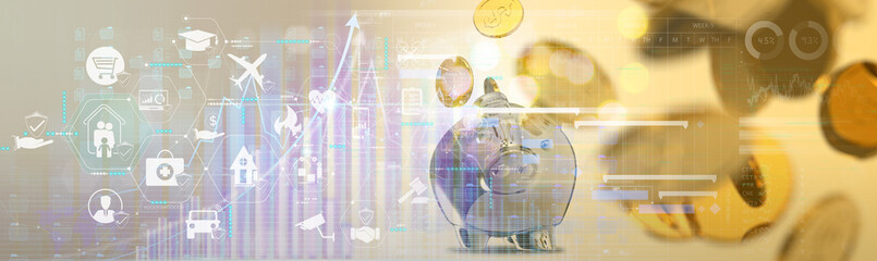 3d Coins flowing with silver  piggy bank and stock market graph with candlestick chart suitable for finance investment and insurance concept