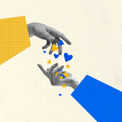Blue and yellow hearts. Human hands aesthetic on light background, artwork. Concept of human...