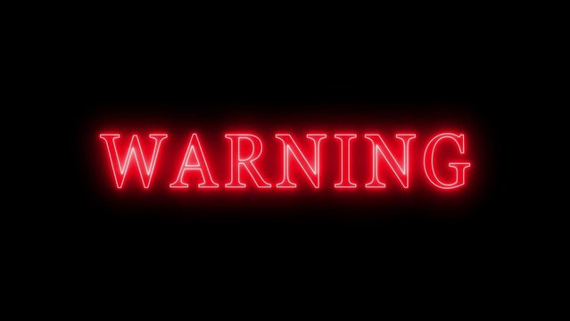 Blinking Warning Alert word on Black CRT Screen. Glowing Red Warning Text Sign on Black Background. Warning Alert Signal in red neon