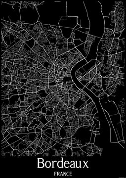 Black and White city map poster of Bordeaux France.