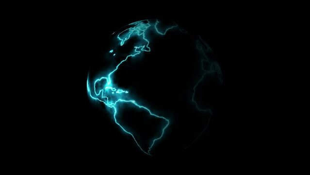 Video of planet earth in neon blue rotating on black background. Global network connection and data connections. Communication technology global world network. Digital Data Network Technology