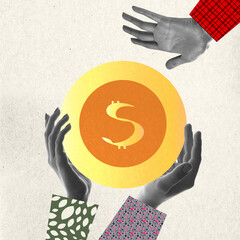 Human hands holding huge coin with dollar sign. Contemporary art collage. Concept of business,...