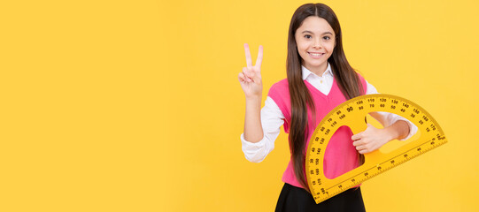 start the brain engine. angle degree measurement. happy teen girl hold ruler. Portrait of schoolgirl student, studio banner header. School child face, copyspace.
