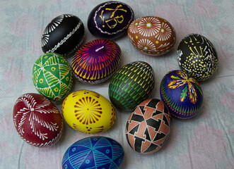 Happy Easter.Colorful hand painted decorated Easter eggs. Handmade Easter craft.Spring decoration background. DIY Festive traditional symbols.Holiday Still life photo