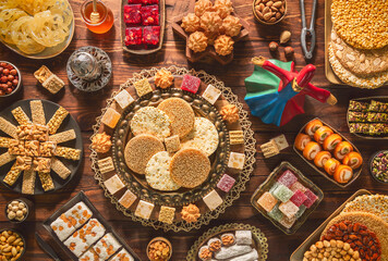 Collection of traditional Arabic sweets and candies to celebrate "Prophet Muhammad's Birthday Event". Varieties of Egyptian Mawlid Sweets or " Halawet Al Mawlid Al Nabawi".
