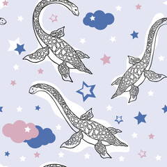 Fototapeta premium Vector seamless pattern dinosaurs in the clouds. Reptile, the Loch Ness monster. Design for printing on fabric, paper, packaging, wallpaper.