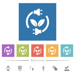 Green energy flat white icons in square backgrounds