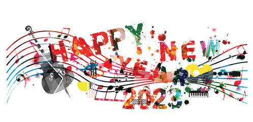 Happy 2023 New Year colorful vector illustration. Happy New Year banner with musical notes and instruments for seasonal holiday greeting cards, flyers and party invitations	