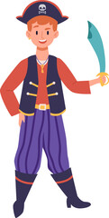 Happy boy in festive pirate costume with sword for Halloween party, trick or treats. Little kid dressed in carnival clothes playing sailor or captain. Outfit for kids. Flat vector illustration