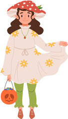 Halloween holiday party female character outfit vector illustration. Happy cute girl in mushroom costume trick or treat. Little kid with fly agaric hat and pumpkin in kindergarten or school.