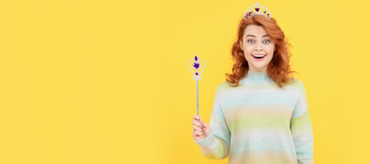 Woman isolated face portrait, banner with copy space. wow. queen hold magic wand. arrogant princess...