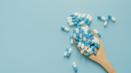 Blue-white antibiotic capsule pills on wooden spoon and blue background. Antibiotic drug...