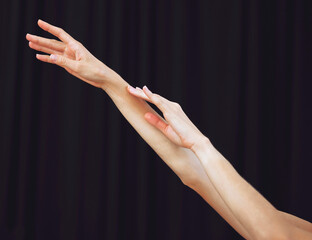Woman, hands or ballet dance on black background in theatre, studio or theater stage training...