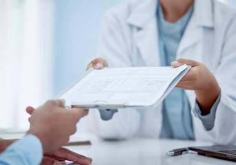 Doctor, healthcare insurance and patient form for health information during consultation for...
