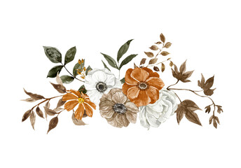 An autumnal floral arrangement made in neutral earthy colors. Watercolor rust, burnt orange, brown, white flowers, and foliage. Hand-painted botanical illustration.