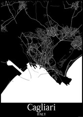 Black and White city map poster of Cagliari Italy.