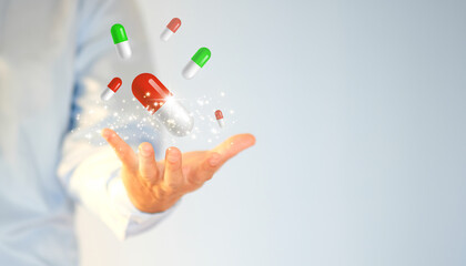 Doctor holding medical tablets and capsules, as well as a healthcare hospital service, is depicted. Medical technology and innovation are scientific technology concepts in healthcare.