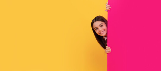 your marketing design. smiling teen girl with advertisement banner. kid make announcement. Child...