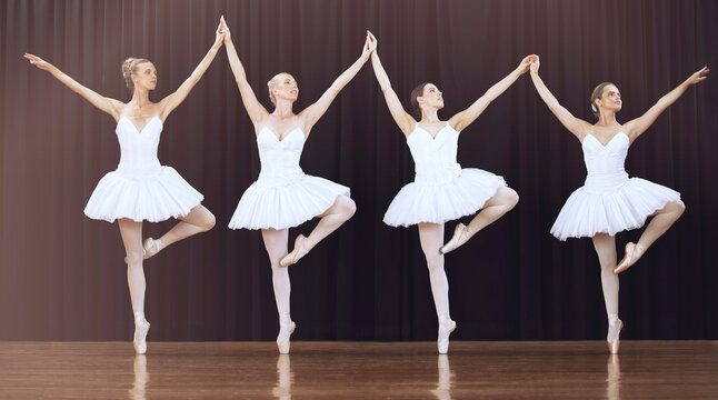 Women, ballet and theatre stage dance people in routine for creative theater art, group training or dancing performance. Students, dancer friends or studio ballerina artists in elegant learning class