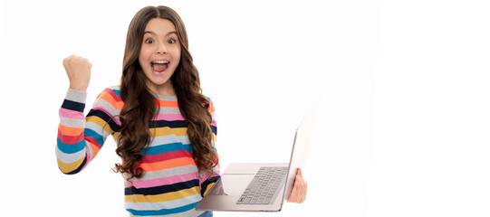 pass the exam. back to school. modern communication. check email. happy child study online. School girl portrait with laptop, horizontal poster. Banner header with copy space.