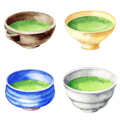 Set of matcha beverage in bowls. Healthy asian drink. Hand drawn watercolor illustration of herbal tea isolated on white. Single element for menu, recipe, label, packaging design.