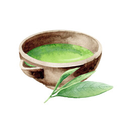 Matcha beverage in brown bowl with leaves. Healthy asian drink. Hand drawn watercolor illustration of herbal tea isolated on white. Single element for menu, recipe, label, packaging design.