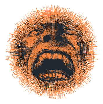 Screaming head and textures. Hand drawn design element, PNG.
