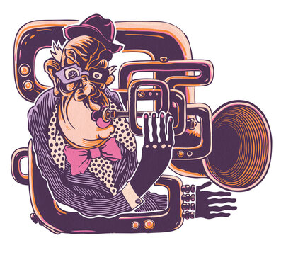 Jazz musician, trumpeter, drawing style.  Hand drawn design element, PNG.