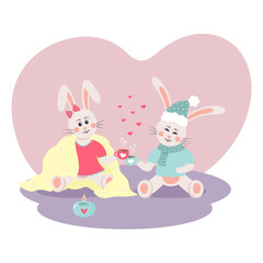 Cute bunnies in love drink coffee. Comfort, plaid, warm clothing, cozy candle, hygge atmosphere. Bunny or hare - childish mascot 2023 symbol year.