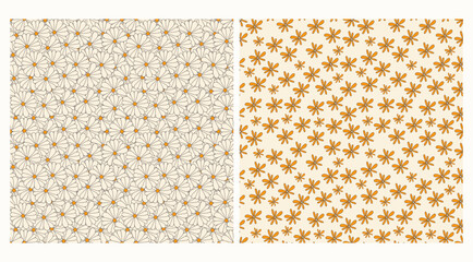 Set of Seamless patterns of wildflowers and camomiles. Seamless vector of white and orange flowers in retro 70's style for printing on fabric or paper.