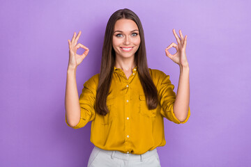 Photo of positive charming person hands fingers demonstrate okey symbol isolated on violet color background