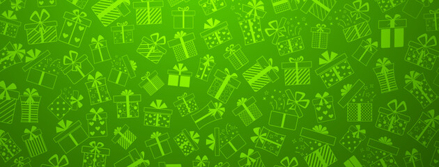 Background of gift boxes with bows and different patterns, in green colors