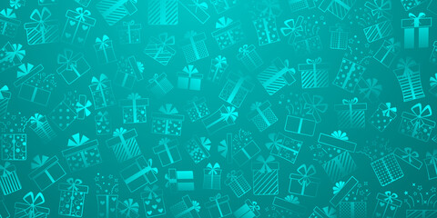 Background of gift boxes with bows and different patterns, in light blue colors