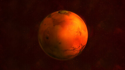 Planet Mars from space showing Tharsis Montes