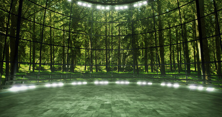 Virtual studio TV show backdrop with a natural green forest at the background. ideal for environmental tv shows, or science events. 3D rendering suitable on VR tracking system sets with green screen