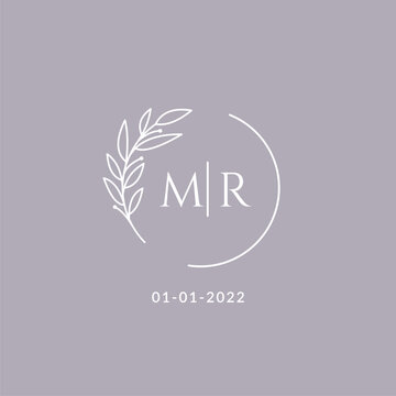 Initial monogram MR wedding logo with decorative floral frame
