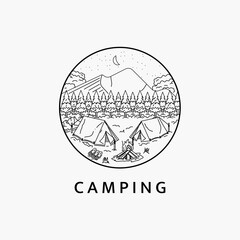 Minimalist camping in the mountains line art logo illustration template design. The enchantment of the sky and nature of the mountains at night.