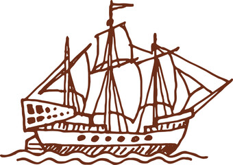 Sailing ship with flag, retro sailboat old vessel