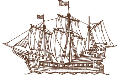 Isolated vintage sail boat ship, old vessel sketch