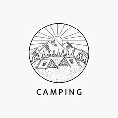 Minimalist camping in the mountains line art logo illustration template design