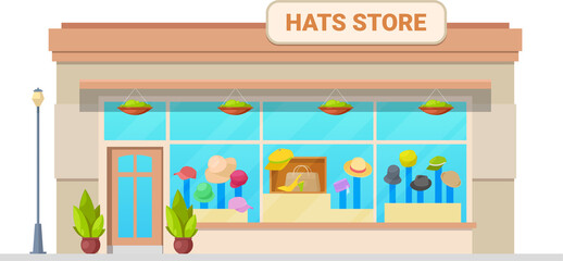 Storefront of hats and caps shop, headwear store