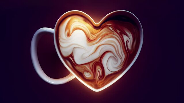 Cream clouds swirl and dissolve into a fresh cup of coffee in a heart shaped mug. 3D rendered image